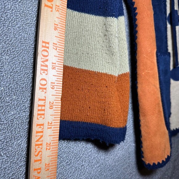 Vintage Women`s Small Leather Acrylic Indian Aztec Navy Blue Jacket w/ Hood - Picture 4 of 10